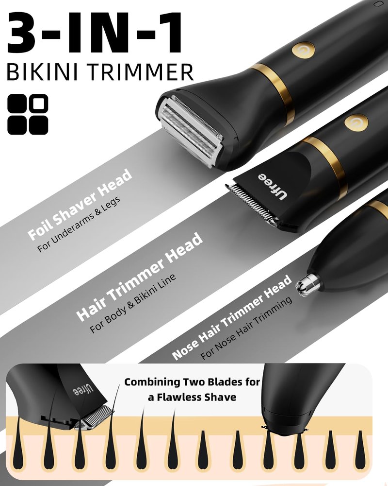 Ufree Bikini Trimmer - Rechargeable Electric Razor for Women | IPX7 Waterproof, Black