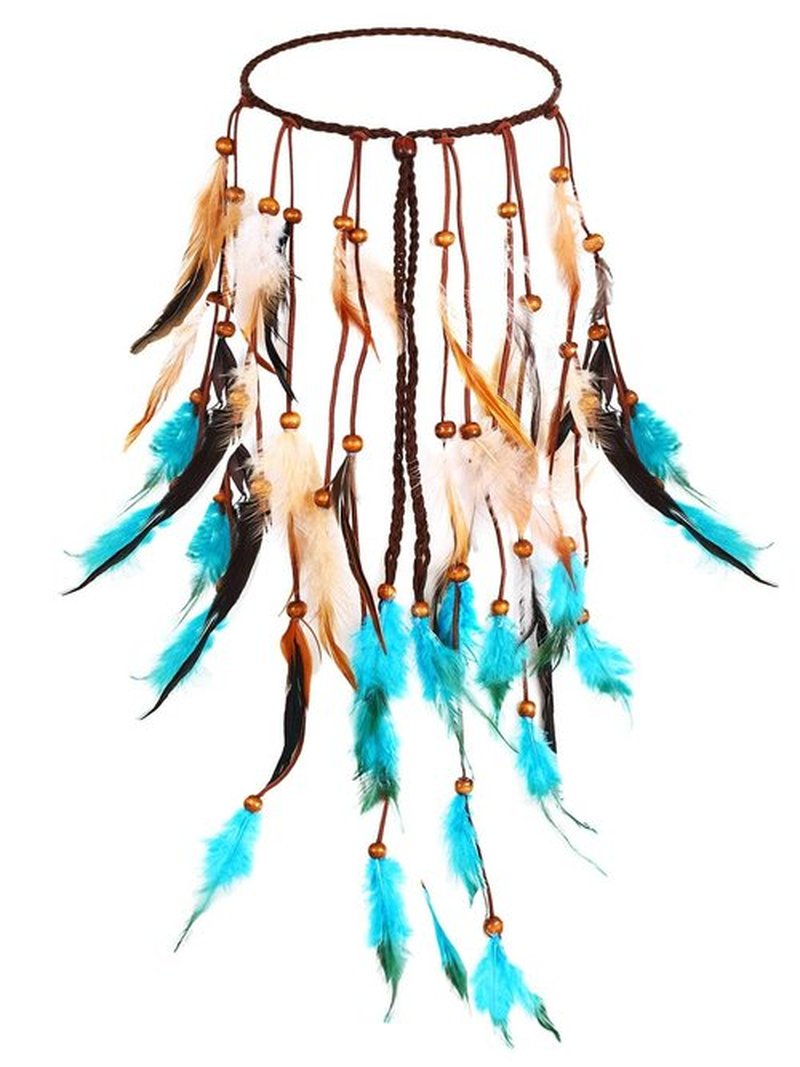 GORTIN Boho Feather Headband Hippie Headpiece Black Gypsy Costume Headdress Bohemian Headbands Indian Festival Feather Headwear Hair Accessory for Women and Girls (A-Blue+Brown)