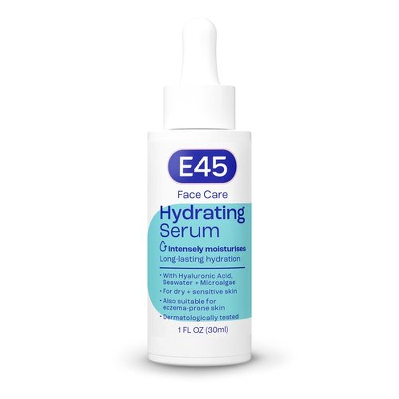 E45 Hydrating Face Serum, Instant 48 Hour Results, Hyaluronic Acid, Vegan, Lightweight, Boosts Hydration, for Dry, Sensitive and Eczema Prone Skin, Fragrance Free, Dermatologically Tested, 1 fl oz