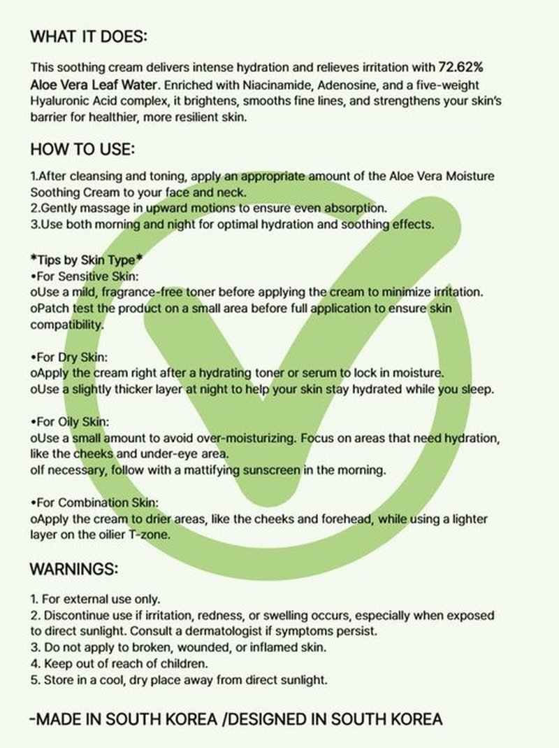 FROMNATURE ARLESHEIM Aloe Vera 73% Moisture Soothing Cream 60 ml – Hydrating & Moisturizing& Calming Skin with Hyaluronic Acid