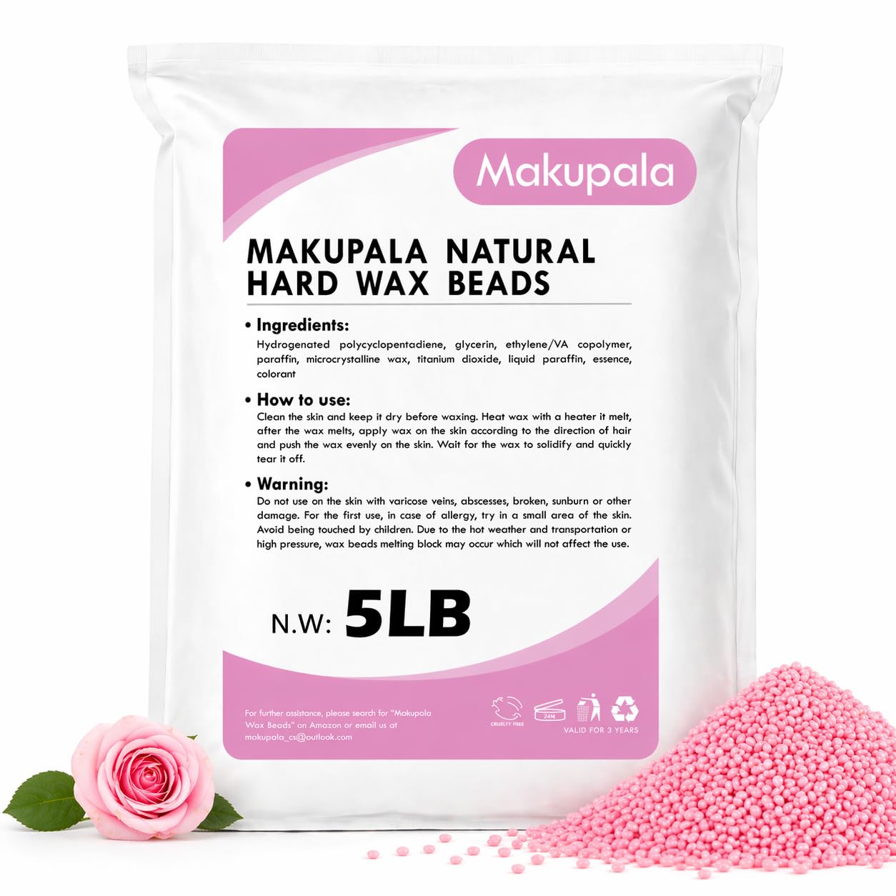Makupala 5LB Hard Wax Beads for Hair Removal, Professional Bulk Brazilian Wax for Sensitive Skin, Stripless Creamy Wax with Rose Scent for Bikini, Face, Underarm & Full Body, Salon & Home Use