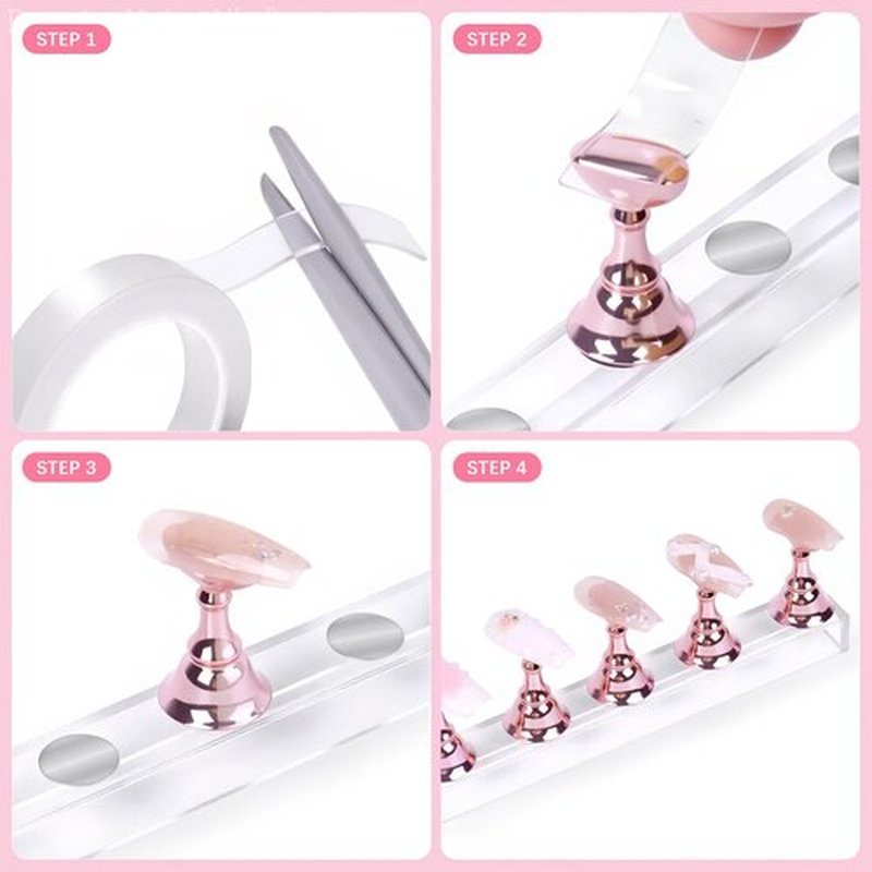 JUSTOTRY 4 Sets Pink Nail Painting Practice Stand With 1M Double-sided Tape Acrylic Fake Nail Art Holder For Press Ons Magnetic Nail Display Design Tools Kit Accessories For Home Diy Salon Supplies