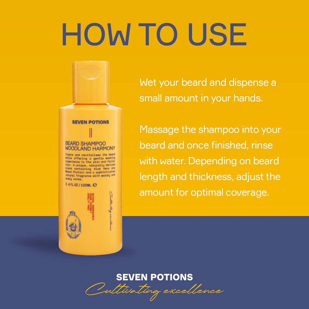 SEVEN POTIONS Beard Shampoo for Men — Gentle, Cleansing Wash for a Clean, Itch-Free Beard — Natural, Vegan, Cruelty-Free — (Woodland Harmony, 3.4 Fl Oz)