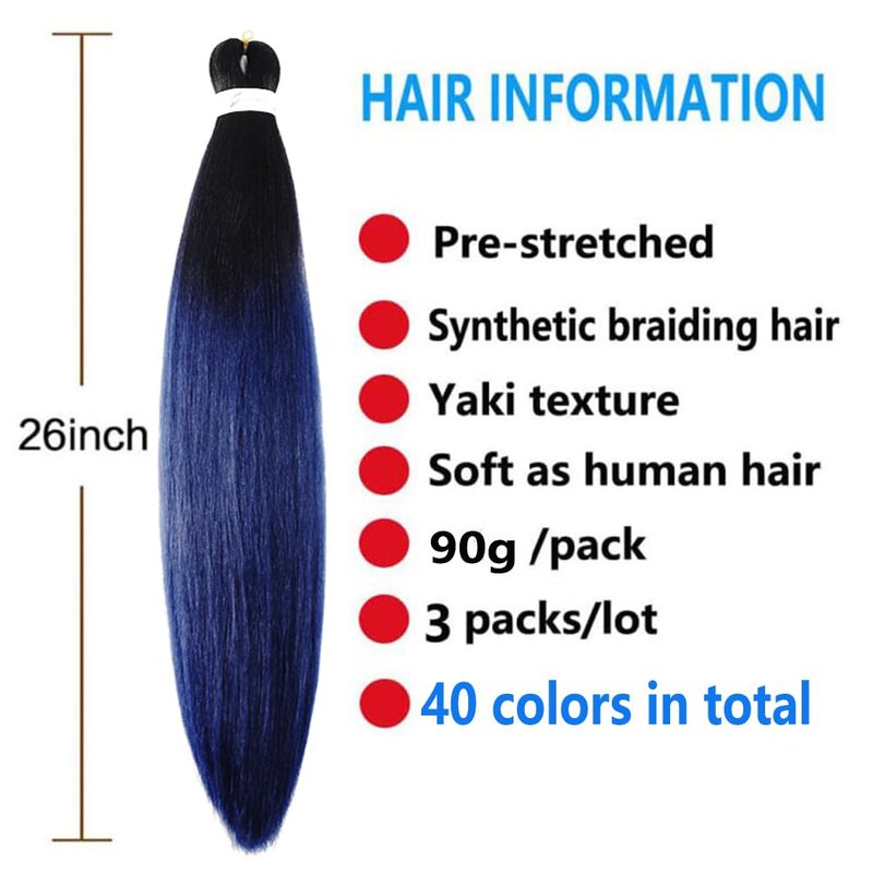 Xiaofeng Prestretched Braiding Hair Extensions Ombre Dark Blue Yaki Texture Braid Hair for Box braids 26 Inch Synthetic Braids Extension B20