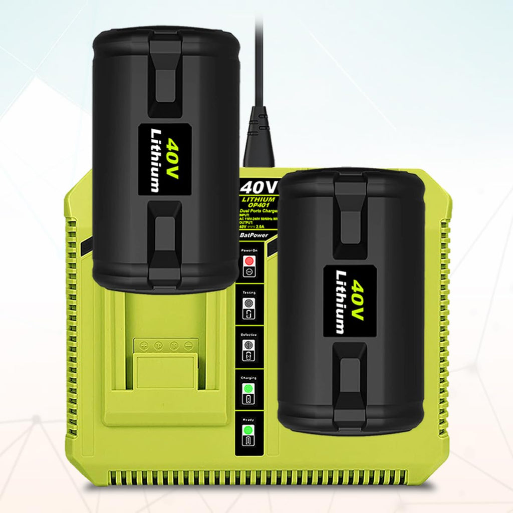 BatPower 2-Pack 40V 6.5Ah Lithium-Ion Replacement Battery and Charger Starter Kit Compatible with Ryobi 40V System, High Capacity Batteries and Charger OP4050A OP401 (3-Piece Set)
