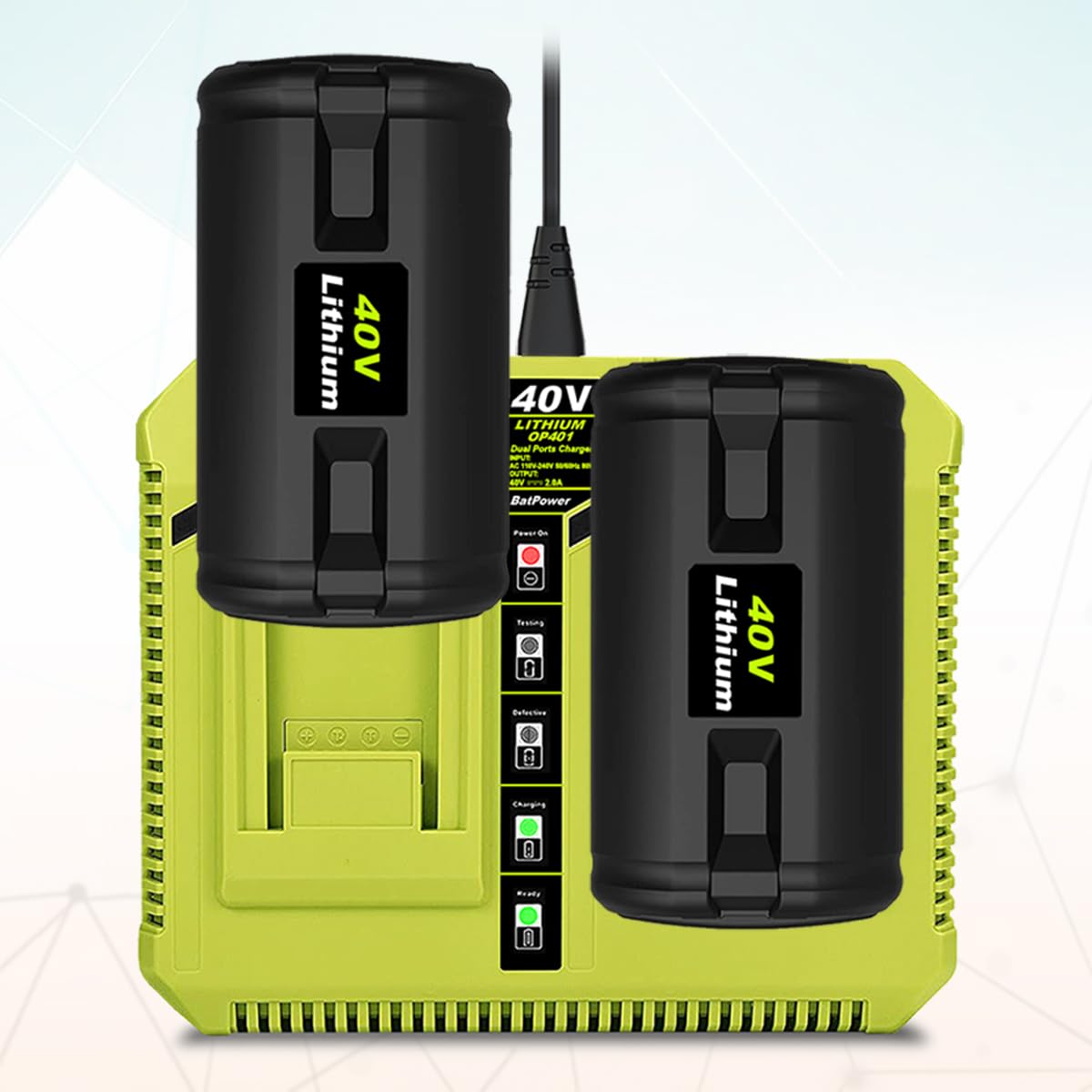 BatPower 2-Pack 40V 6.5Ah Lithium-Ion Replacement Battery and Charger Starter Kit Compatible with Ryobi 40V System, High Capacity Batteries and Charger OP4050A OP401 (3-Piece Set)