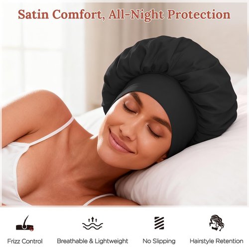 2Pcs Bonnet for Sleeping Women, Satin Adjustable Silk Hair Bonnet for Sleeping, Wide Band Sleep Caps for Curly Hair, Black & Rose Red