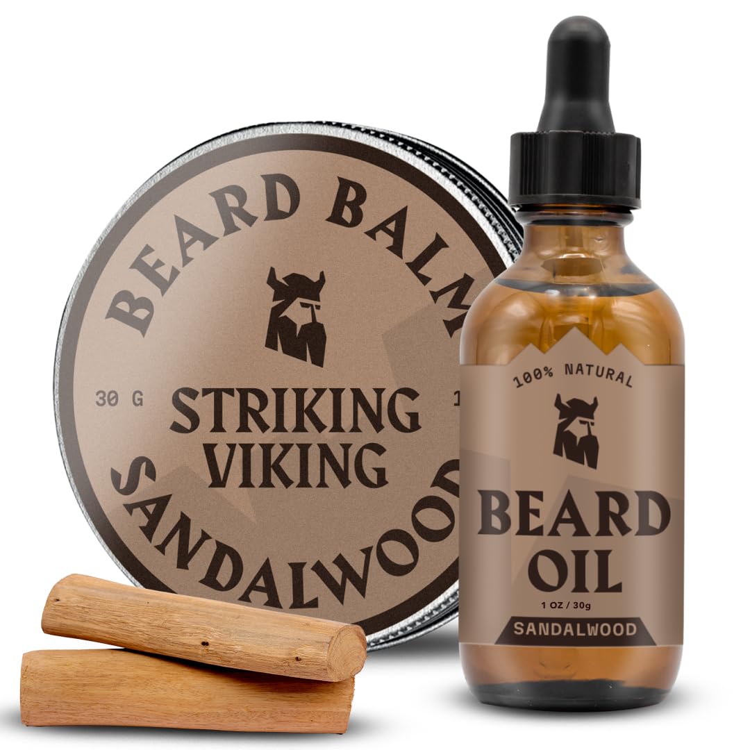 Striking Viking Beard Oil and Balm Set - Dual Use Leave in Beard Conditioner Tames, Styles, Softens, and Moisturizes Beards and Mustache - Made with Natural and Organic Argan and Jojobo Oils