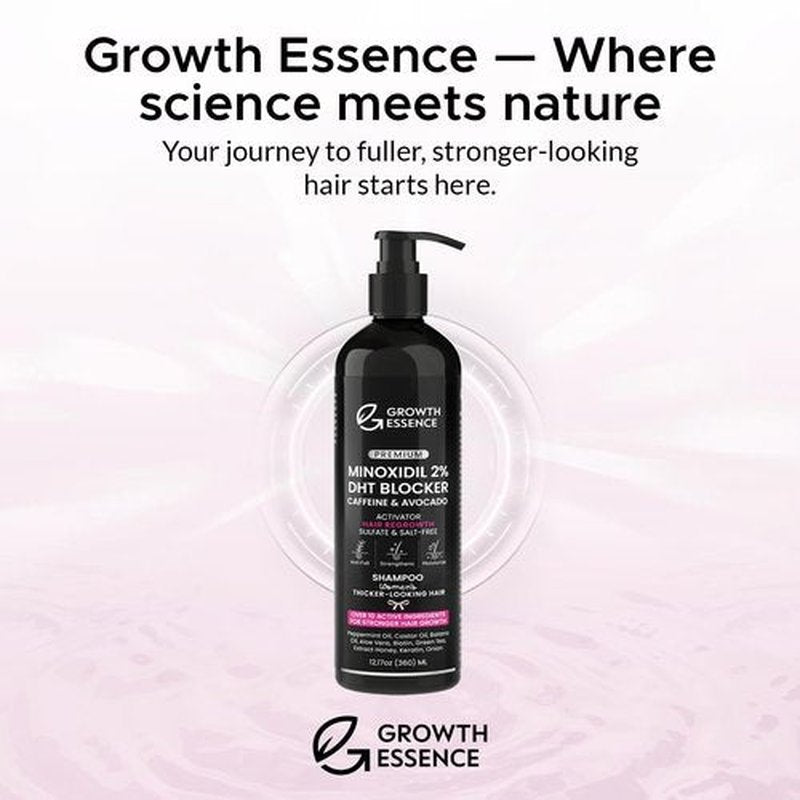 Minoxidil Shampoo for Women – Growth Essence Premium 2% Hair Regrowth Shampoo with Biotin, Caffeine & DHT Blockers – Strengthening Formula with Keratin, Castor Oil, Green Tea & Rosemary – 12.17 fl oz