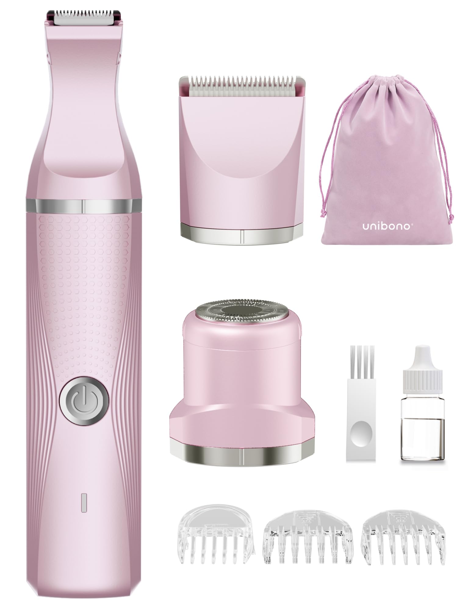 Unibono Pubic Hair Trimmer Women - Waterproof Bikini Trimmer, Rechargeable 3-in-1 Electric Razor, Personal Trimmer Groomer for Body Hair, Cordless Lady Shaver for Legs, Underarms, Face (Cold Pink)