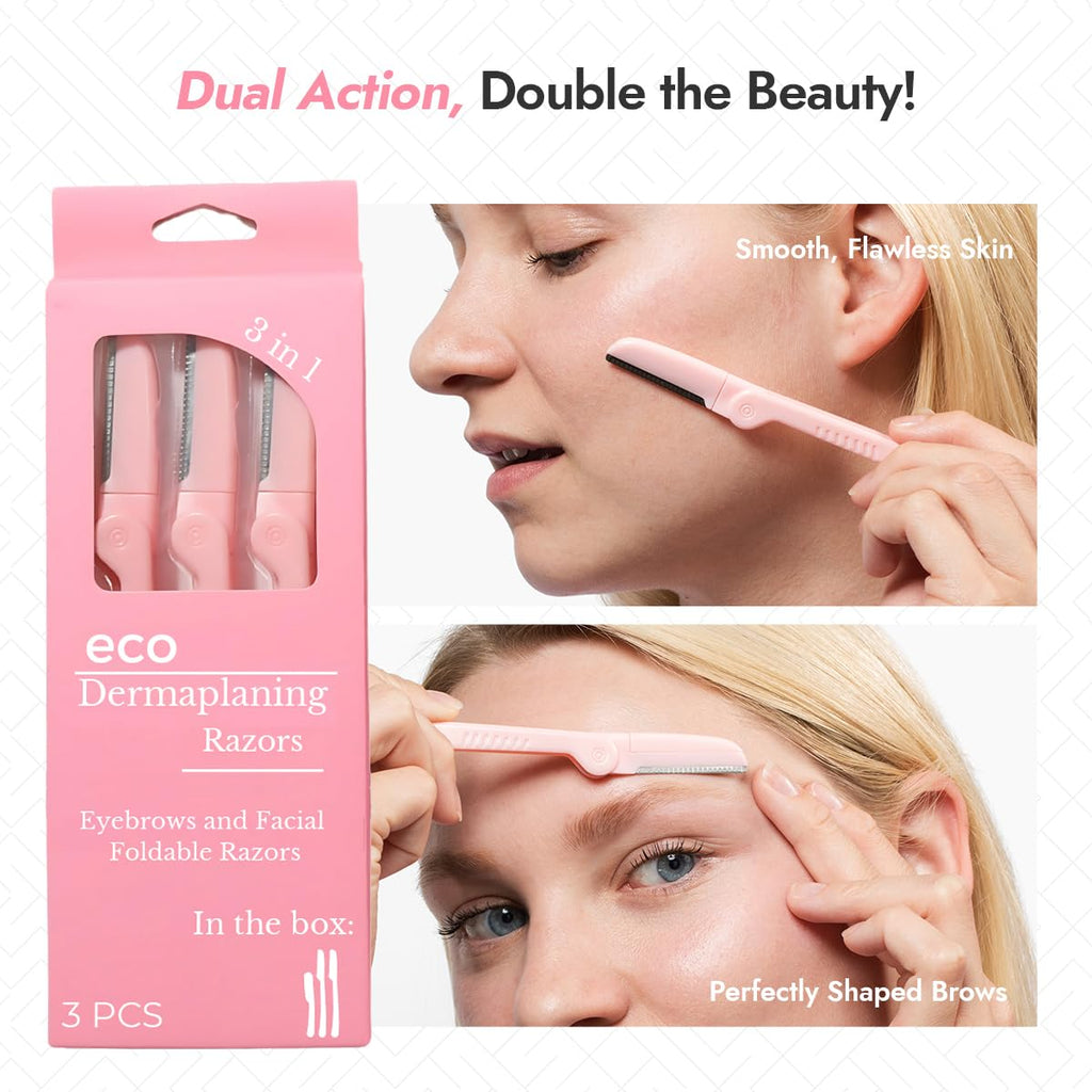 Dermaplaning Tool - Foldable Facial Razor for Women and Men, (3ct) | Womens Facial Peach Fuzz Remover & Eyebrow Trimmer, Dermaplaning Razor, Face Razors for Women, 3 pc (Pink)