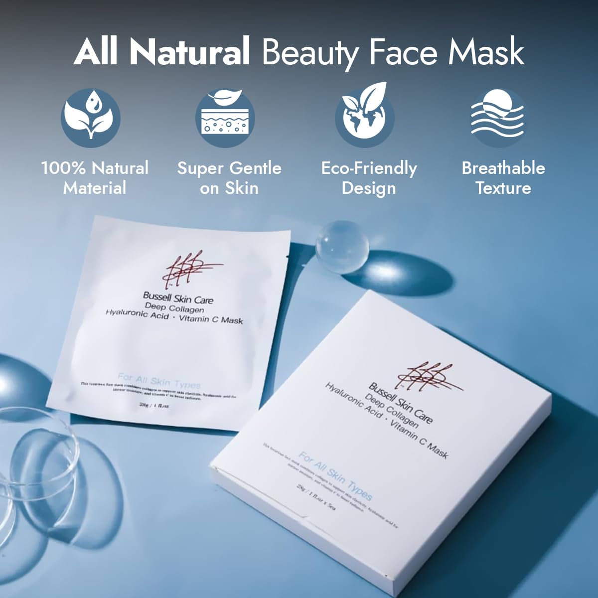 Bussell Skin Care Beverly Hills Dermatology - Deep Collagen Face Mask, Hyaluronic Acid and Vitamin C, All Skin Types, 5 Pack