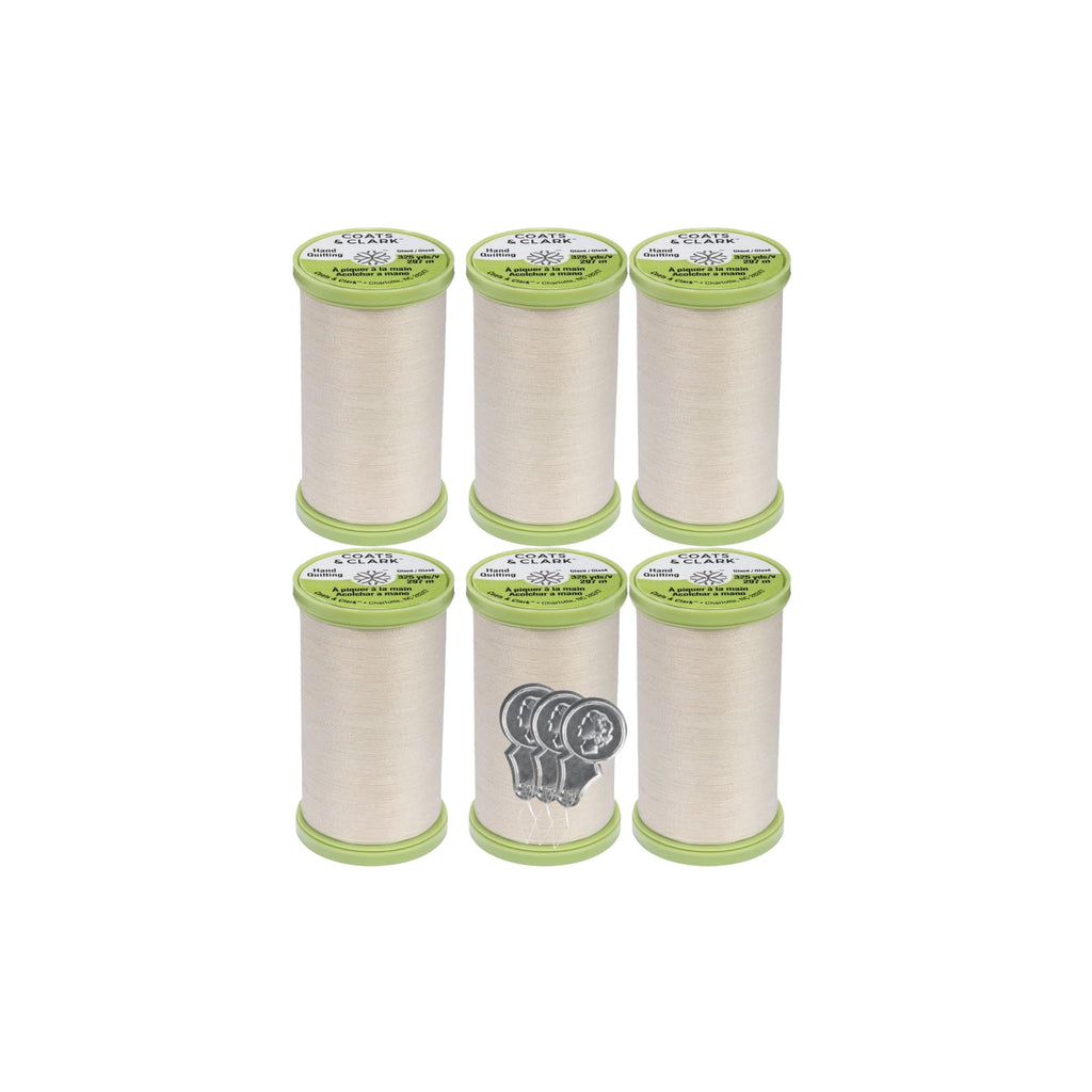 Coats & Clark Hand Quilting Sewing Thread Cotton Covered Polyester 325 Yards S960 6 Pack Bundle with 3 Bella's Crafts Needle Threaders (Natural)