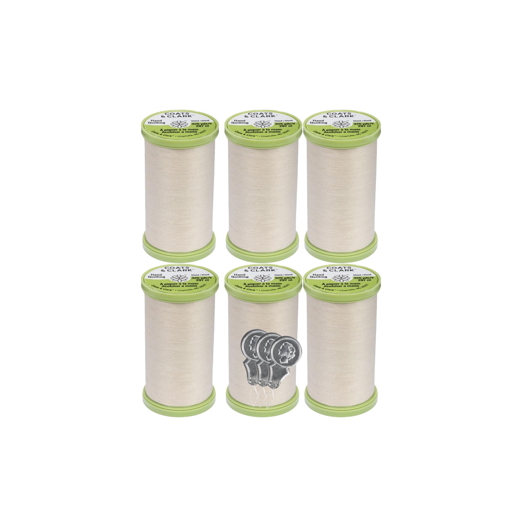 Coats & Clark Hand Quilting Sewing Thread Cotton Covered Polyester 325 Yards S960 6 Pack Bundle with 3 Bella's Crafts Needle Threaders (Natural)