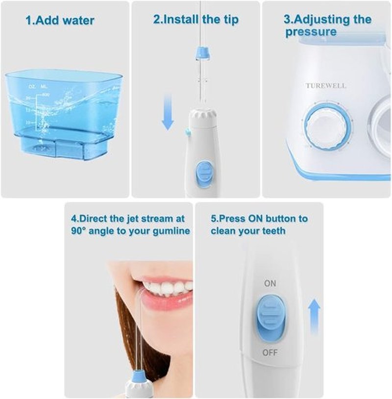 TUREWELL Water Flosser - 600ML Electric Oral Irrigator with 10 Adjustable Pressure Settings | 8 Jet Tips for Family Use (White)