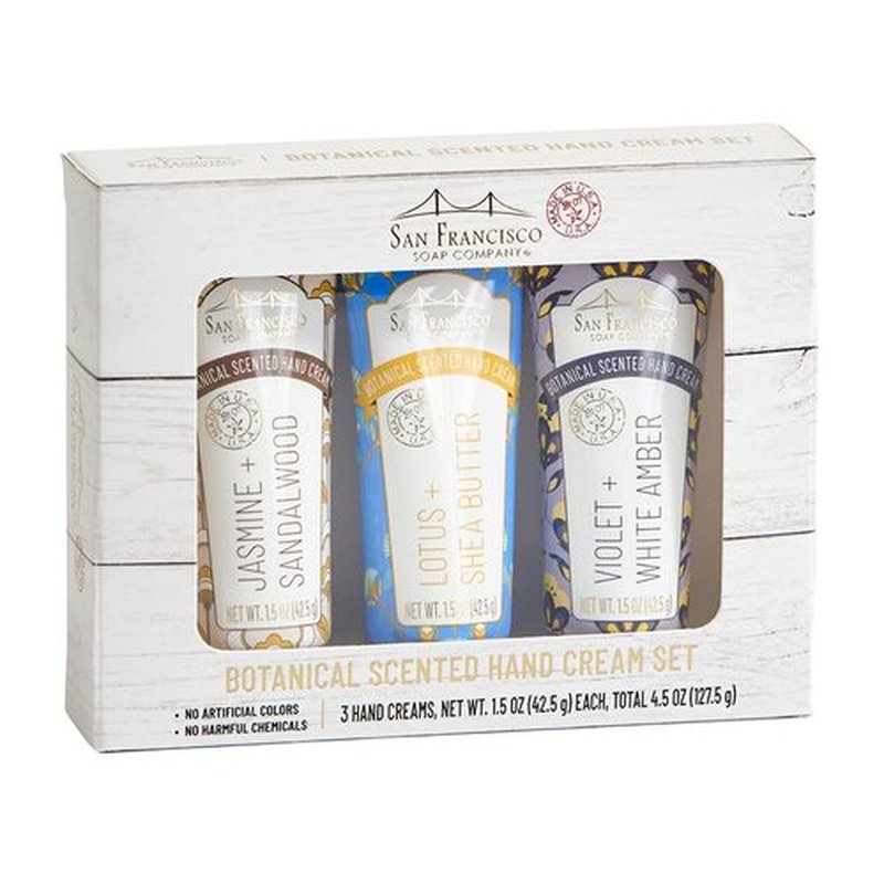 San Francisco Soap Company Botanical Hand Cream 3 Piece Set | Jasmine & Sandalwood, Lotus & Shea Butter, Violet & White Amber | Made in USA |