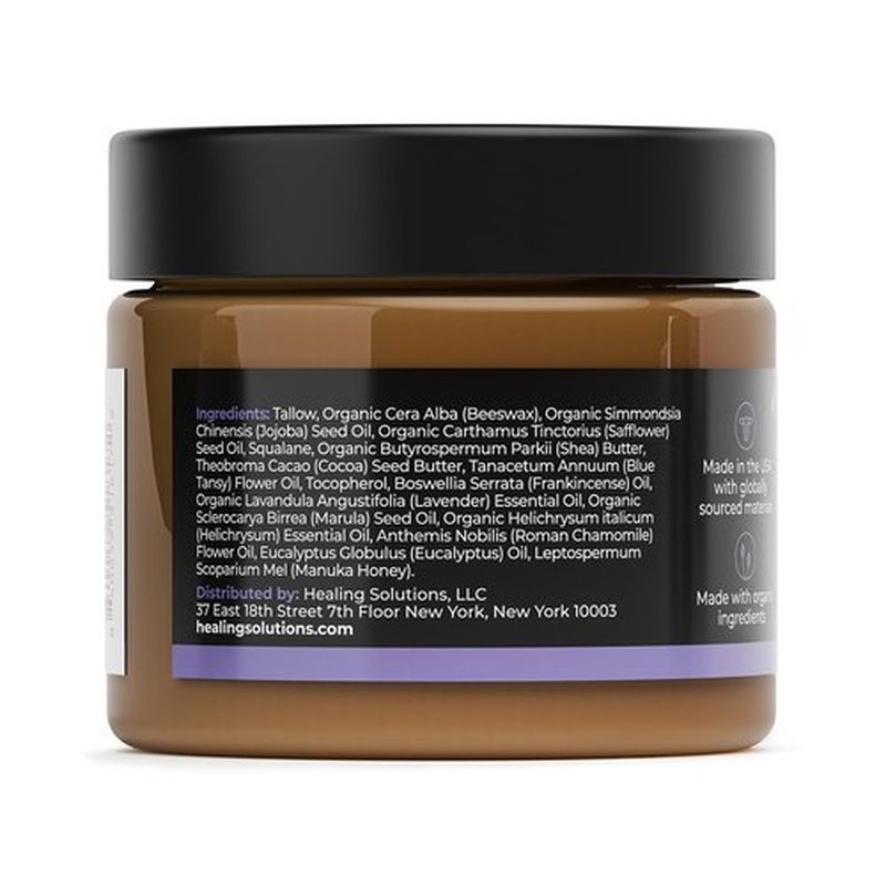 Healing Solutions - Beef Tallow and Honey Balm for Face, Chest & Skin (1.8oz), Grass Fed/Grass Finished Beef Tallow with Manuka Honey & Lavender Chamomile Blend, Made in USA, Moisturizing Skincare