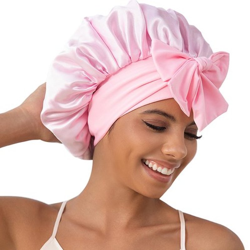 GDTOGRT Satin Silk Bonnet for Sleeping Women, Double Layer Sleep Hair Bonnets Caps for Curly Natural Hair with Tie Band - Pink Stripe