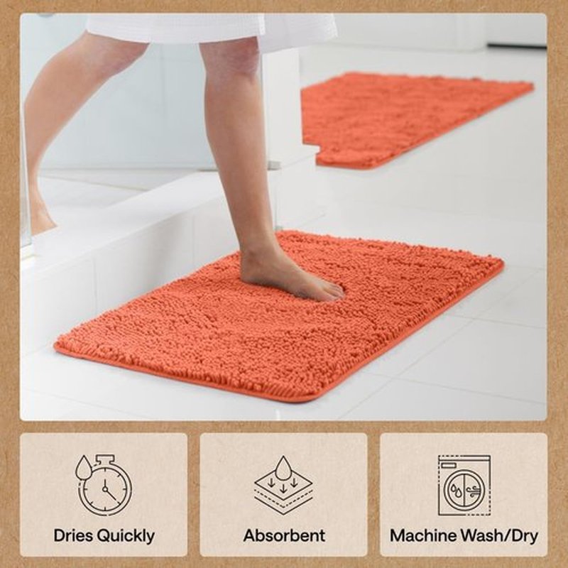 GORILLA GRIP Bath Rug Mat - Thick Soft Absorbent Chenille | Quick Dry Microfiber 60x24 Coral
