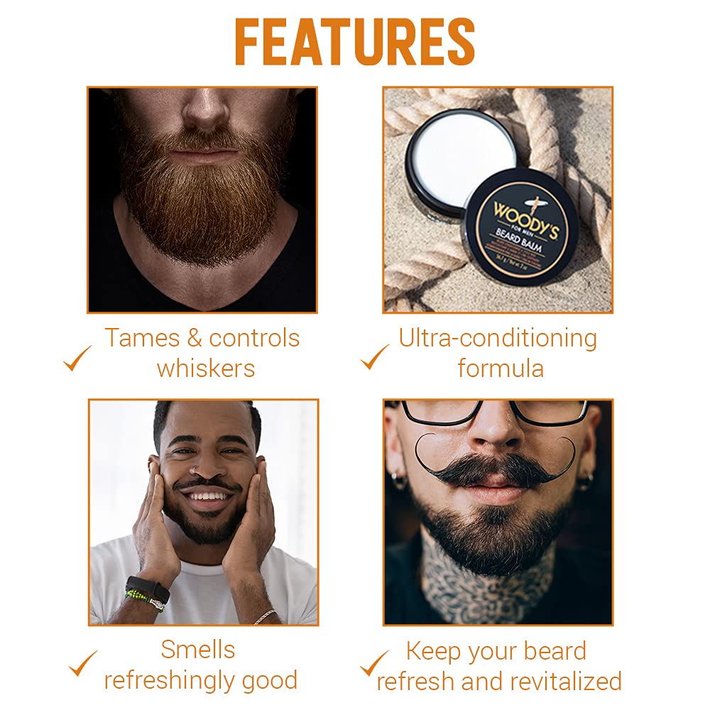 Woody's 2-in-1 Beard Balm for Men - Natural Beeswax Beard Softener & Styling Wax, 2 oz
