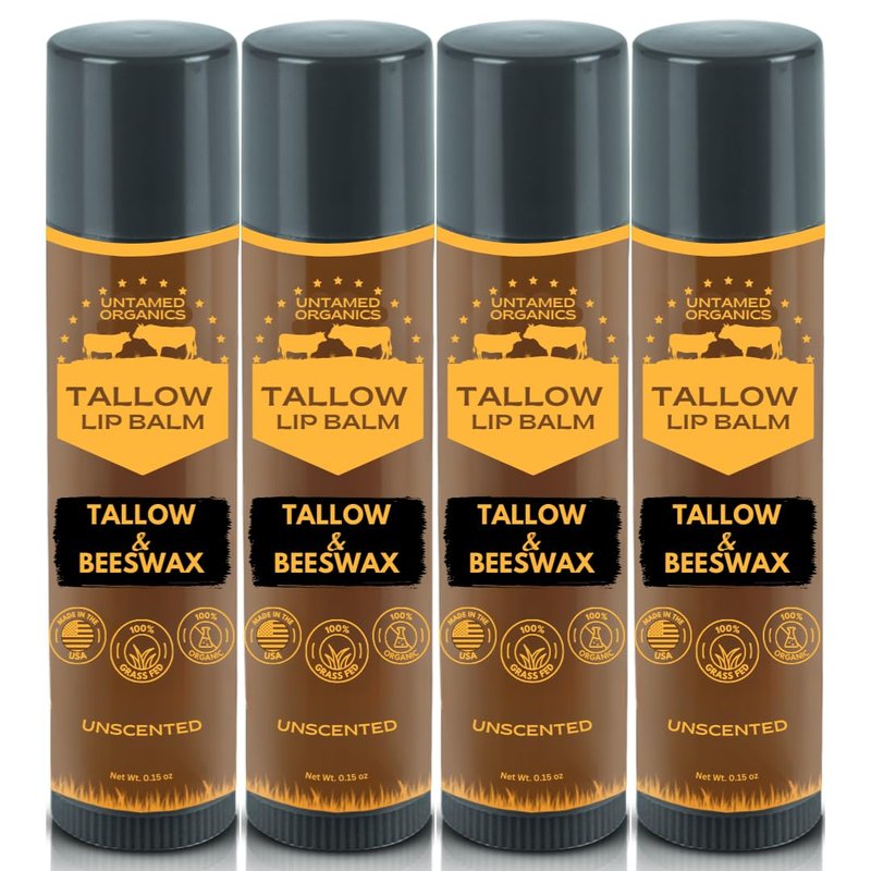 Untamed Organics Pure Tallow Lip Balm | 100% Grass-Fed Beef Tallow and Organic Beeswax | Moisturizing Lip Care for Dry, Chapped Lips | Hypoallergenic, Fragrance-Free | Handcrafted in USA | 4-Pack
