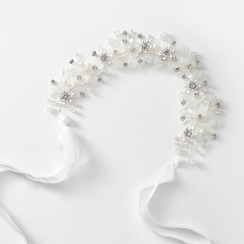 YOUlDIANZI Flower Princess Headpiece, Pearl Bridal Hair Accessory for Women Wedding Hair Band for Bride Princess Crown First Communion Headpiece for Womens Birthday, Party, Wedding