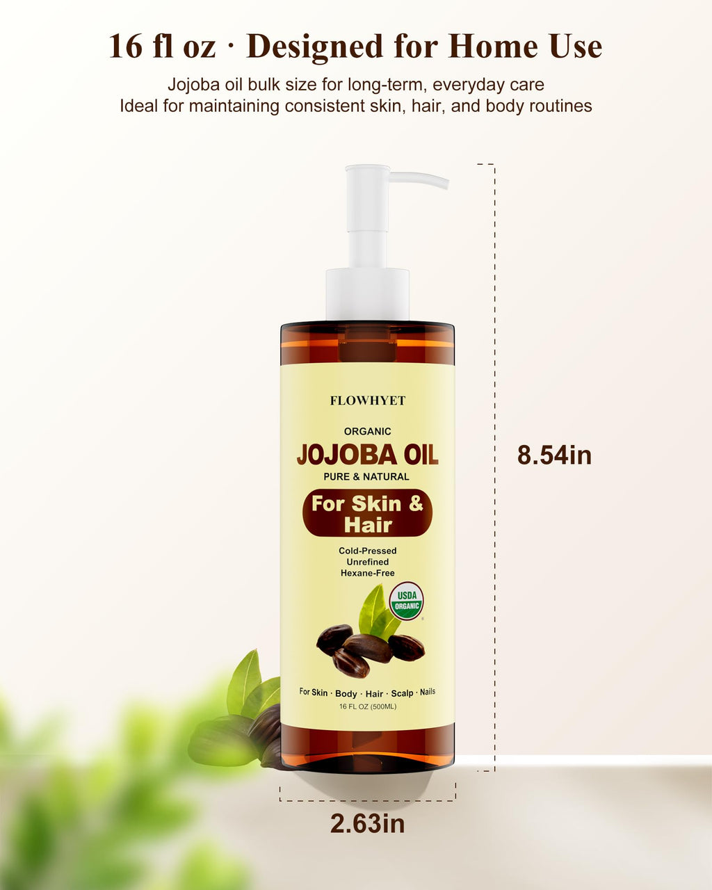 FLOWHYET 16 fl oz Jojoba Oil Organic Cold Pressed, USDA Certified, 100% Pure Jojoba Carrier Oil for Skin, Hair, Face, Body, Scalp & Nails, Unrefined, Hexane-Free