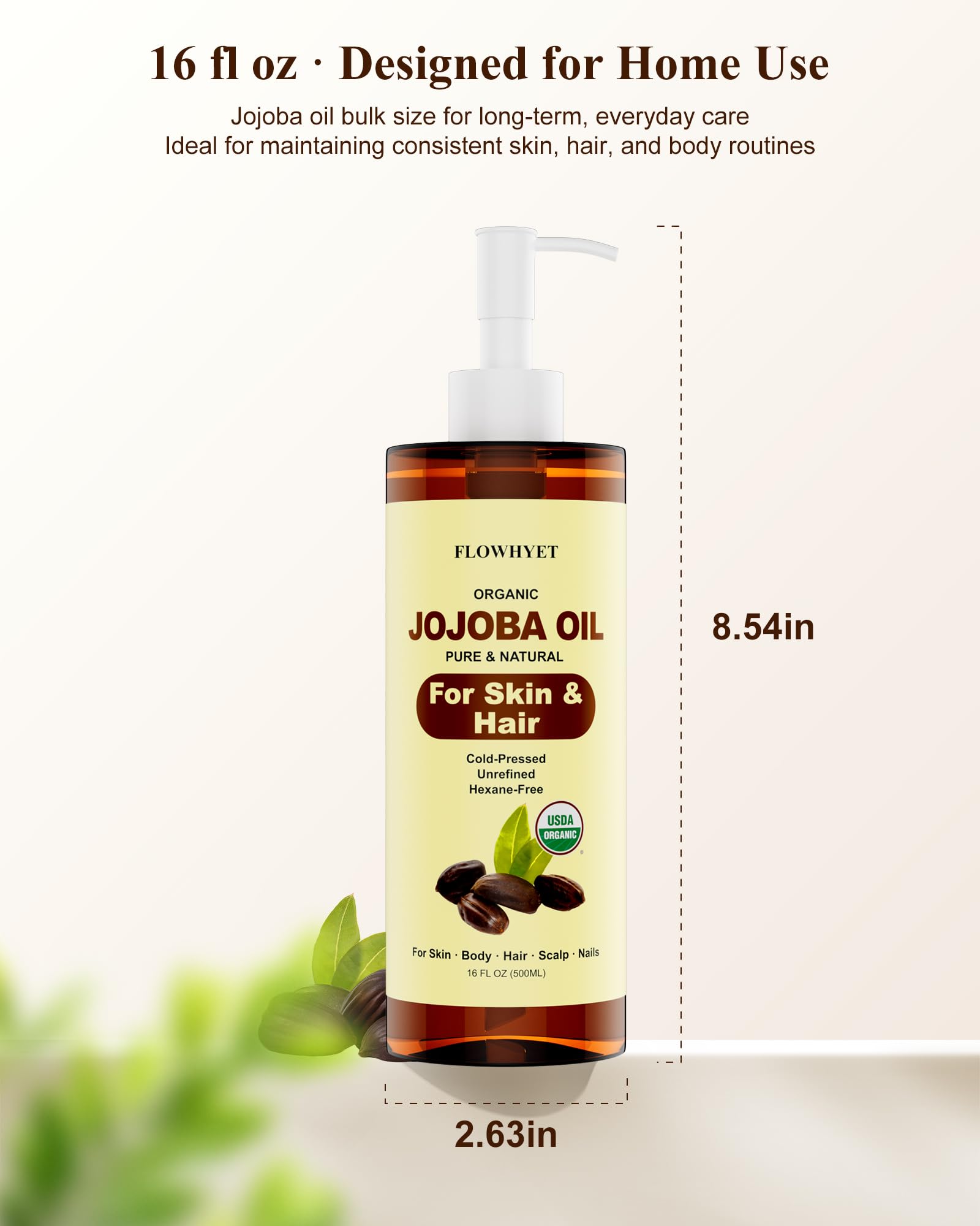 FLOWHYET 16 fl oz Jojoba Oil Organic Cold Pressed, USDA Certified, 100% Pure Jojoba Carrier Oil for Skin, Hair, Face, Body, Scalp & Nails, Unrefined, Hexane-Free