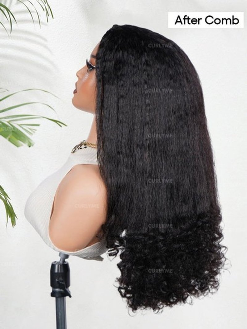 Curlyme 3 In 1 Drawstring Half Kinky Straight Wig Human Hair Glueless Install Half Wig With Spiral Curly Full Ends Flip Over For Beginner Ponytail Headband Human Hair 18 Inch