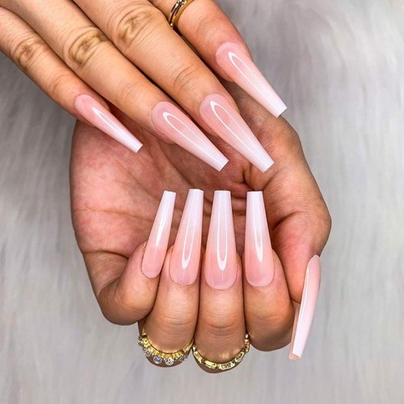 Artquee 24pcs French Ballerina White Ombre Long Coffin Glossy Fake Nails Press on Nail False Tips Manicure for Women