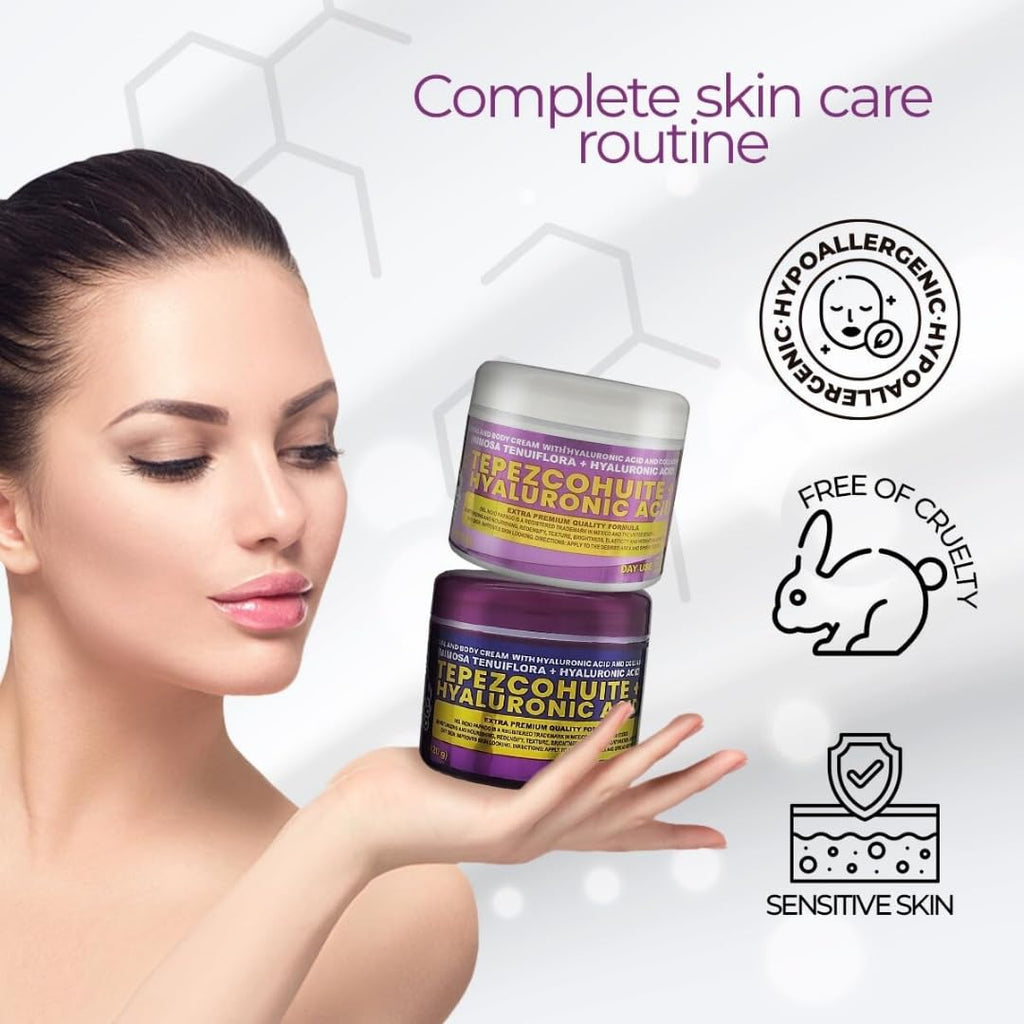 Del Indio Pápago Tepezcohuite + Hyaluronic Acid Facial Cream Duo – Day & Night Use, Hydrating & Nourishing Formula with Mimosa Tenuiflora, 120g Each (JUMBO 2 Pack)
