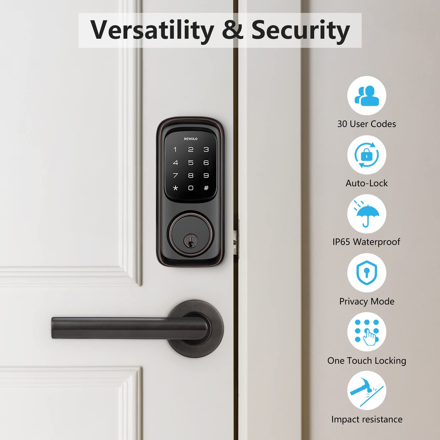 Revolo Keyless Entry Door Lock with Touchscreen Keypads, Electronic Keypad Deadbolt for Front Door, ANSI Grade 2 Certified, All-Metal Construction, Auto Lock, Easy to Install, Oil-Rubbed Bronze