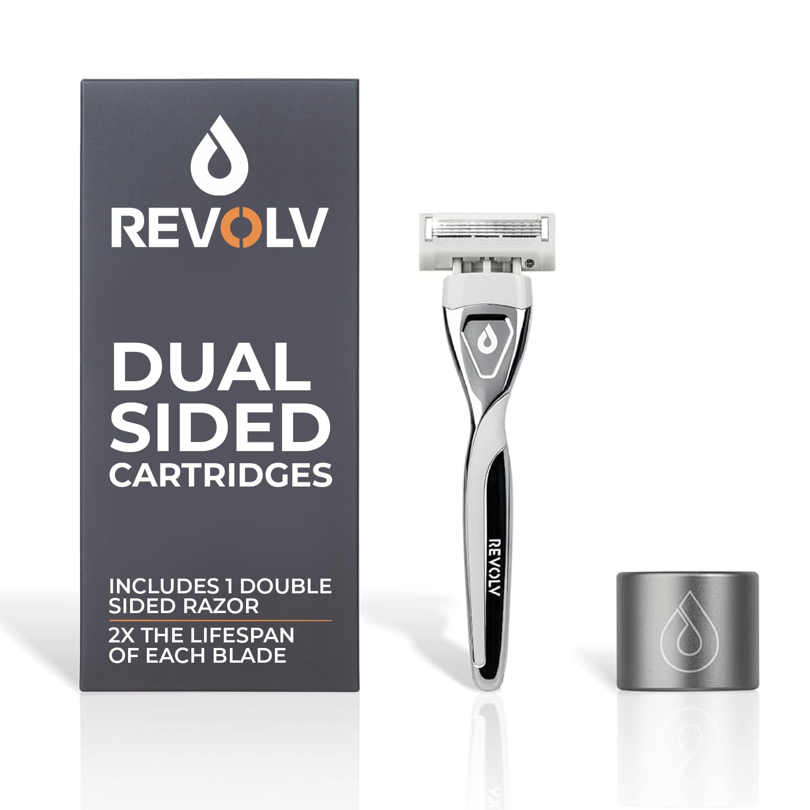 REVOLV - Men’s Razor - 1 Premium Weighted Handle + 1 Dual-Sided Cartridge + 1 Stand - For a Closer, Smoother Shave - Safe on Sensitive Skin - Grey