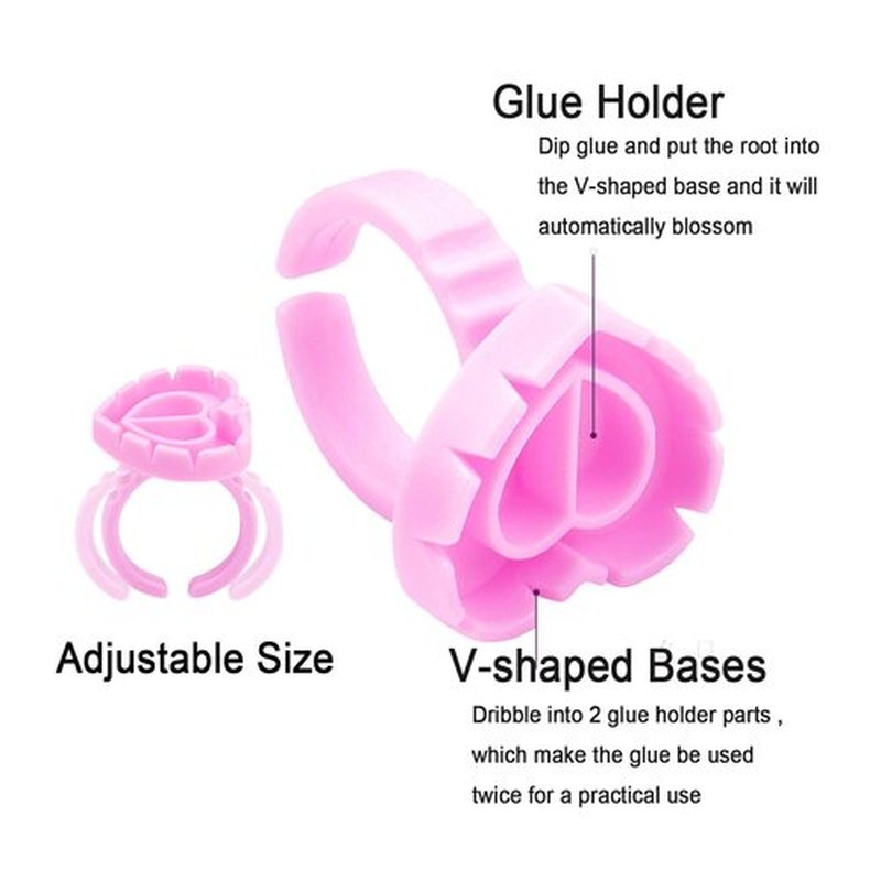 300PCS Disposable Glue Rings for Eyelash Extensions - Smart Holder Cups With Lovely Shape Lash Fan Blossom - Rose Red