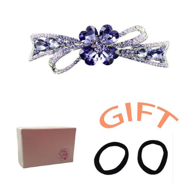 Siluannan Crystal Flower Hair Barrette, Purple Rhinestone Bow Design, Silver Metal Hair Clip with Gift Box and hair accessories for women or hair barrettes for women.