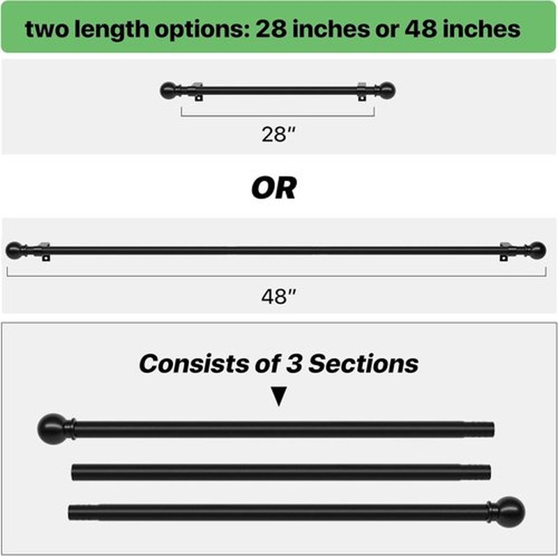 Skiennix Black Curtain Rod Set - Adjustable 28 to 48 Inch Metal Drapery Rod with Brackets | Perfect for Bedroom, Kitchen, Living Room