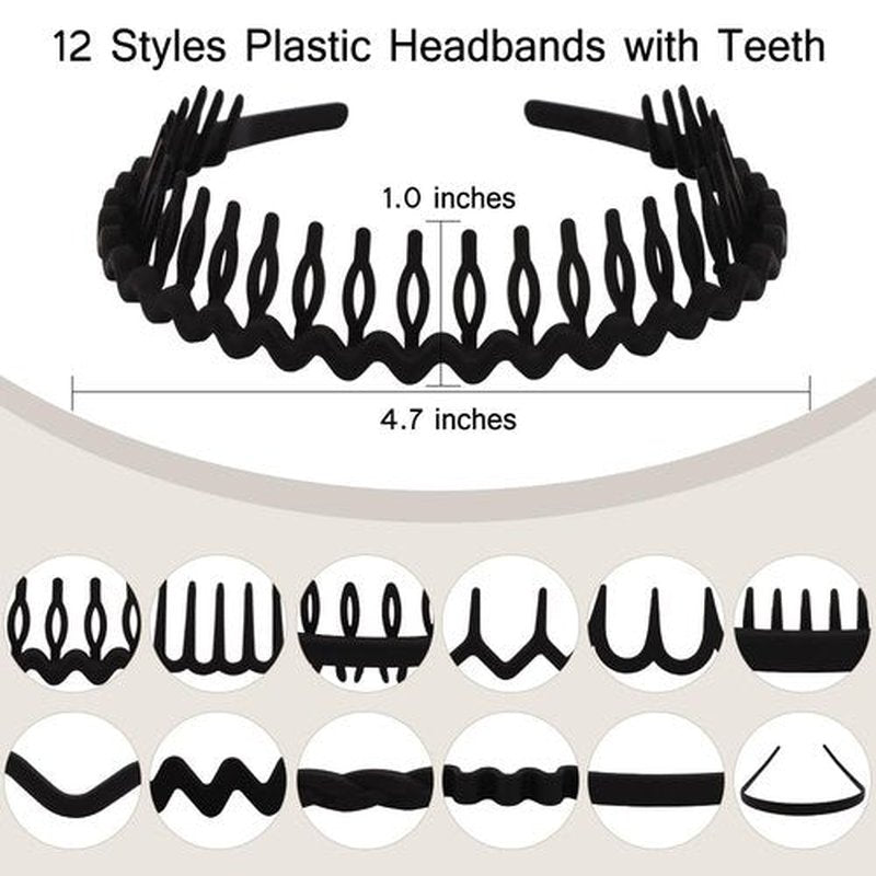 TOBATOBA 12Pcs Black Headbands for Women with Teeth Plastic Head Bands for Women's Hair Non Slip Comb Skinny Zig Zag Headbands Fashion Hair Accessories for Women Men Teen Girls