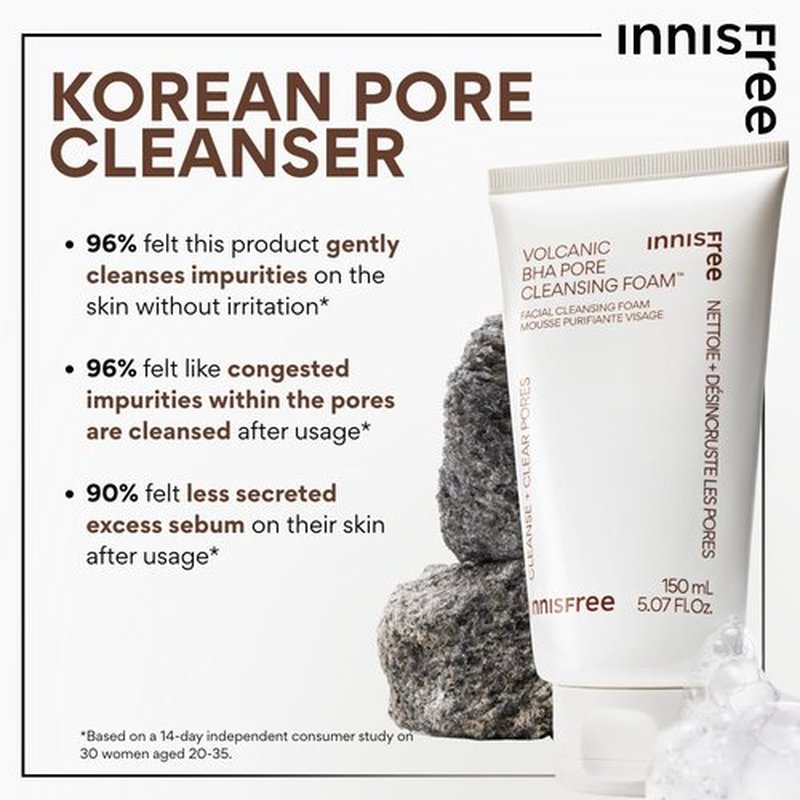 innisfree Volcanic BHA Pore Cleansing Foam, Korean Face Wash with Salicylic Acid, Oil Control, Deep Clean, Pore Care, Sulfate-Free Formula