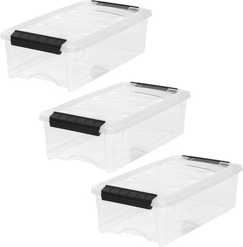IRIS USA Stackable Plastic Storage Bins - BPA-Free, Durable 6 Quart Containers with Lids | Clear/Black, 3 Pack