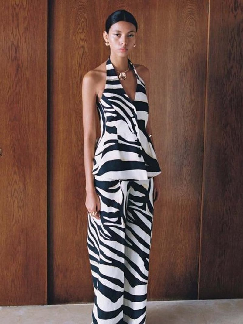 Skiennix 2-Piece Women's Outfit - Zebra Print Halter Top & Wide Leg Pants | Summer Vacation Ready