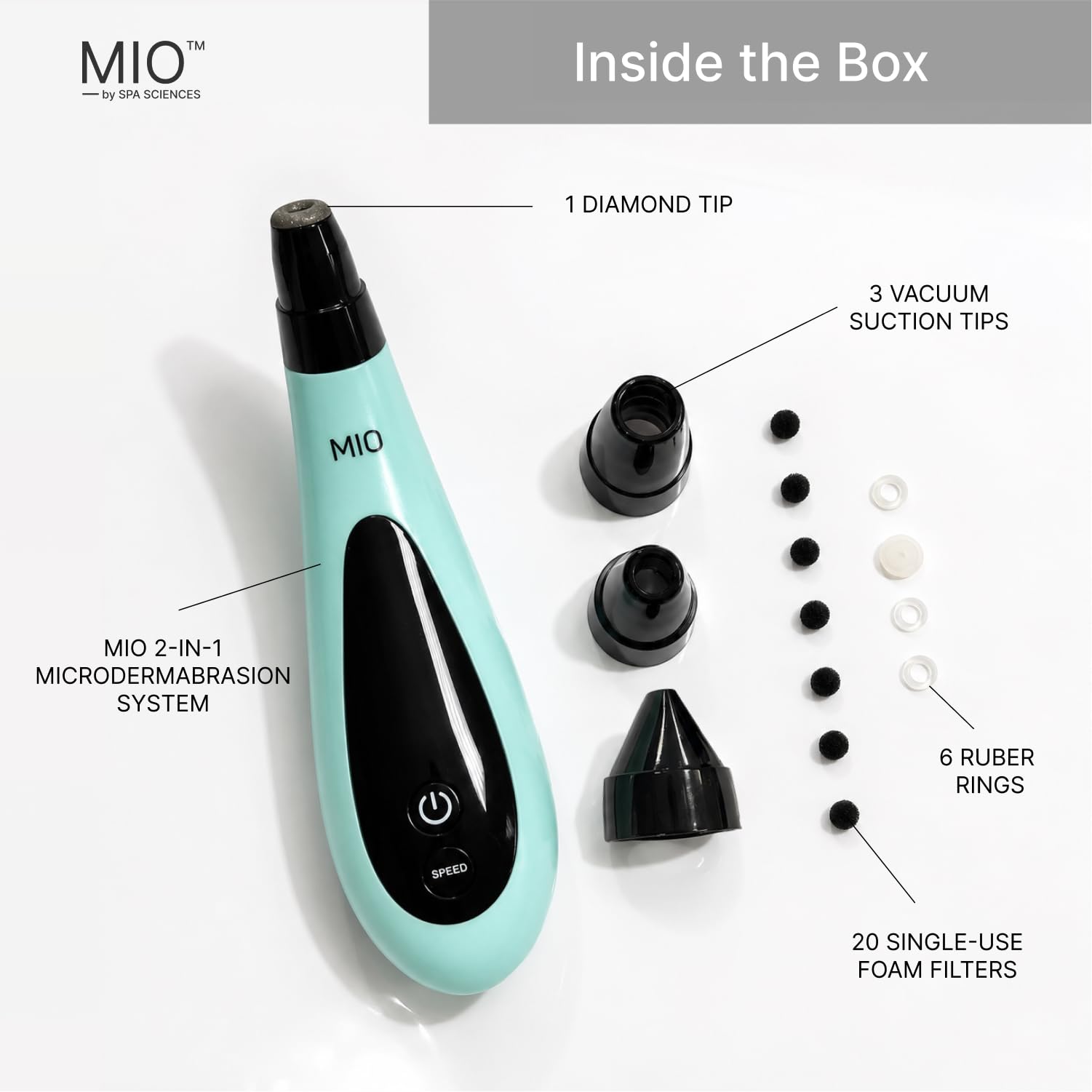 Spa Sciences MIO Diamond Microdermabrasion Blackhead Remover, Pore Suction Tool–Rechargeable-Dermatologist Recommended Skin Resurfacing System for Anti-Aging-Exfoliator for Acne Scars/Wrinkles (Mint)