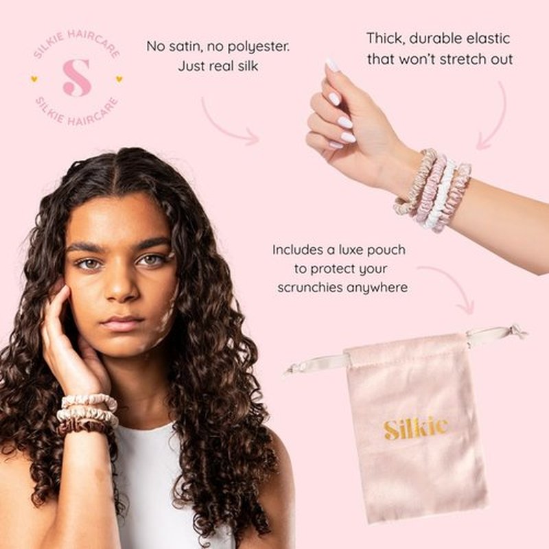 SILKIE x4 Set - Forget Satin - 100% Pure Mulberry Silk Black Brown Leopard Skinny Scrunchies Travel Pouch Everyday Hair Ties Elastics Hair Care Ponytail Holder No Damage (Savannah)