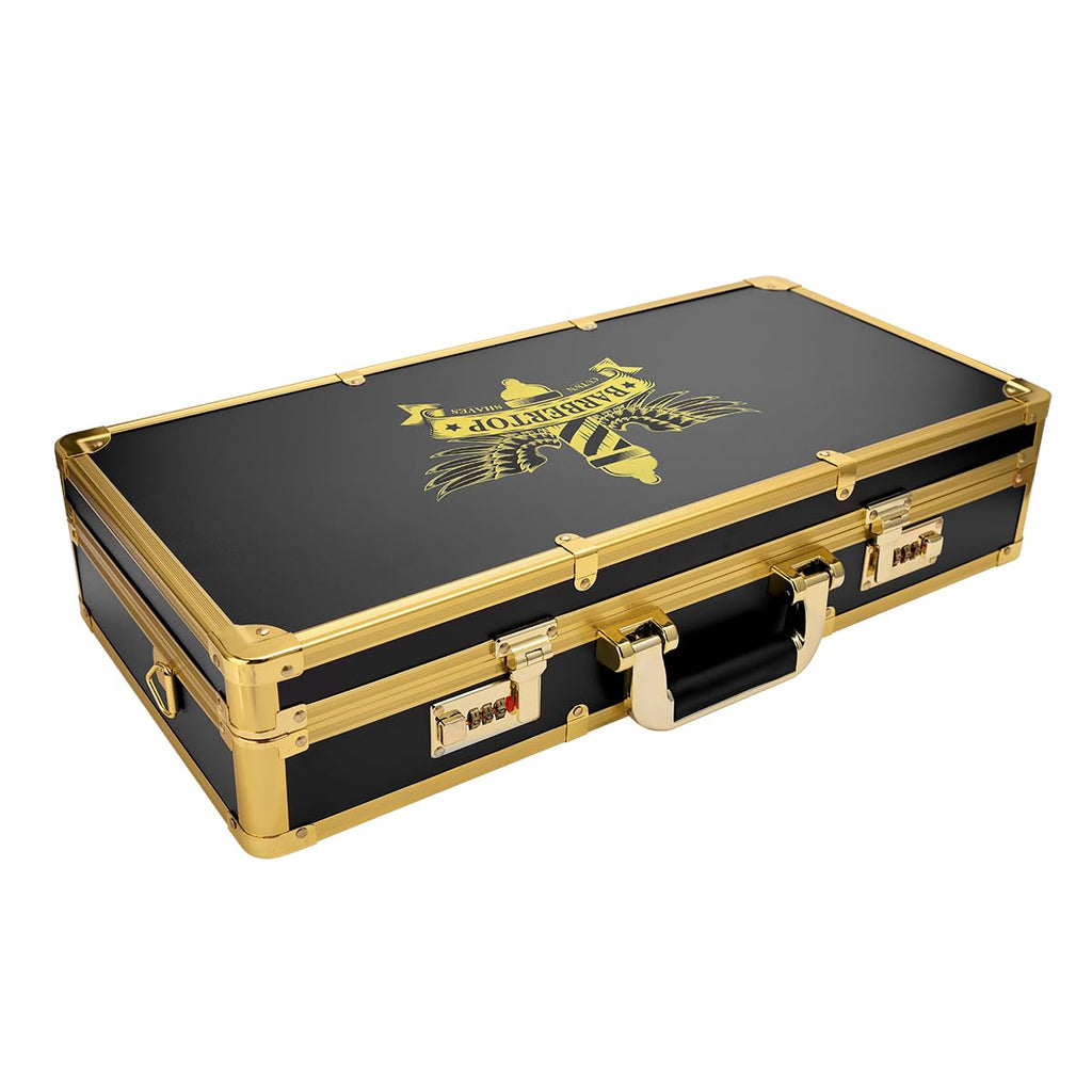 Professional Barber Supplies Case, Barber Cases for Clippers and Supplies, Hairdressing Tools Storage Case with Handle and Secure Numlock, Barber Travel (Golden)