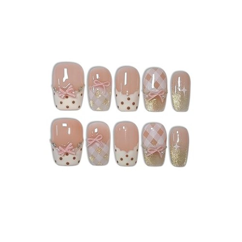 TENPAL 10Pcs Y2K Short Medium Coffin Press On Nails With Tools Kit,Light Pink Cat Eye French Fake Nails with Dot Bow Plaid Pattern,K-Beauty Acrylic Glue on Nails for Wedding Party Daily Wear(XS)
