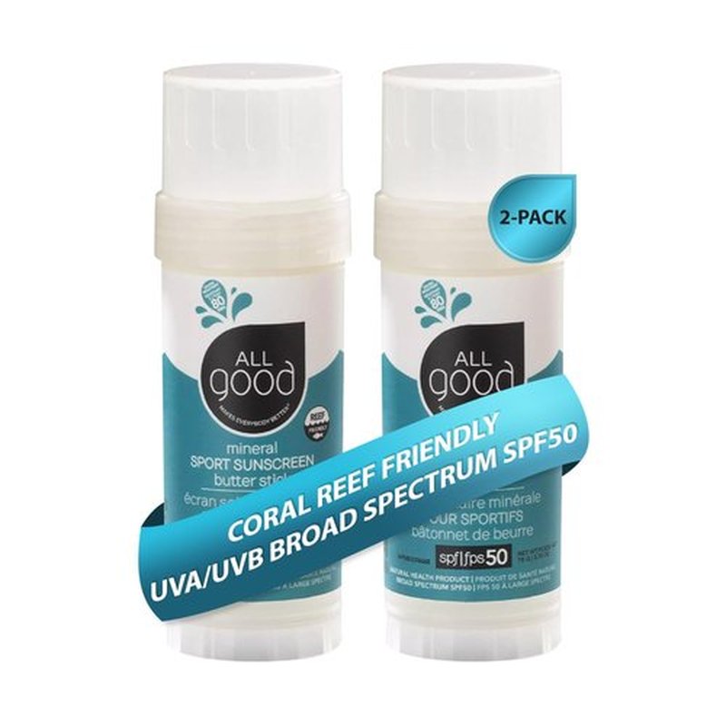 All Good Sports Mineral Sunscreen Butter Stick for Face, Nose, Ears - UVA/UVB Broad Spectrum SPF 50, Coral Reef Friendly, Water Resistant, Zinc Oxide, Coconut Oil, Beeswax, Vitamin E (2.75 oz)(2-pack)