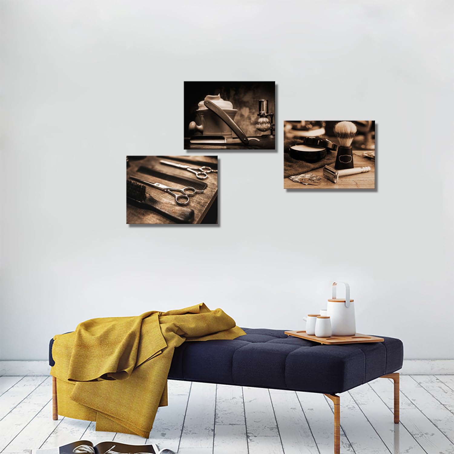 Derkymo Vintage Barber Shop Canvas Wall Art Barber Scissors Painting Canvas Prints Hairdresser Haircut Tools Pictures Artwork for Gallery Wrap Salon Decorative 12"x16"x3 Pieces