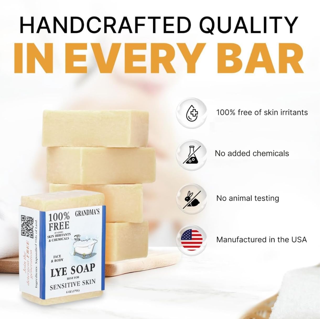 Grandma's Pure and Natural Lye Soap Bar Unscented Face and Body Wash Cleans, Cruelty Free, No Detergents or Additives, Natural Relief, 6 Ounce (Pack of 1)