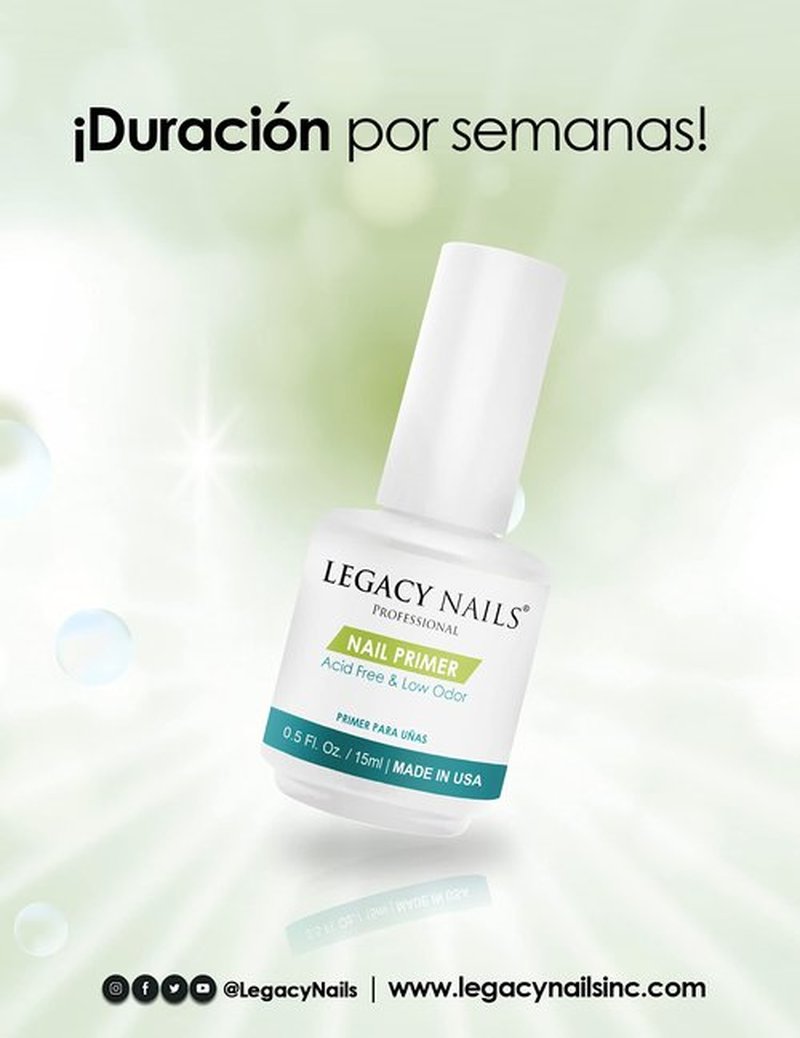 Legacy Nails Nail Primer 0.5oz/ 15ml - Low Odor, Acid-Free & pH leveling polymer. Works as a bridge between natural nails and acrylic and gel systems, gel polish, and nail lacquers.