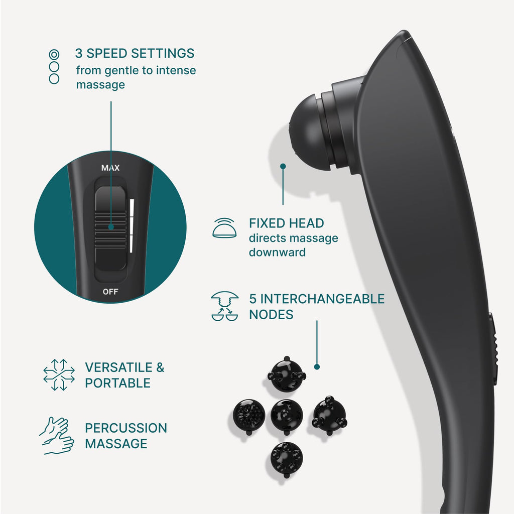 Homedics Deep Tissue Percussion Massager with 3 Speeds, 5 Attachments, and Long Handle for Hard-to-Reach Areas