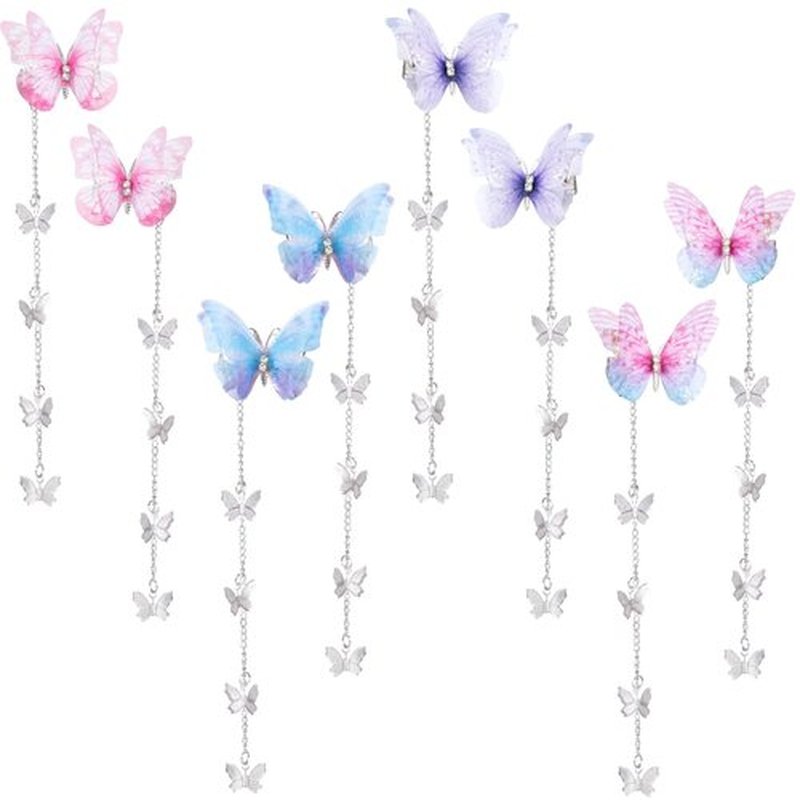 PAGOW 8 Pcs Butterfly Hair Tassel Clips Cute Alligator Barrettes Valentines Wedding Prom Birthday Hairpin Accessories for Women (Blue Purple Pink Gradient2)